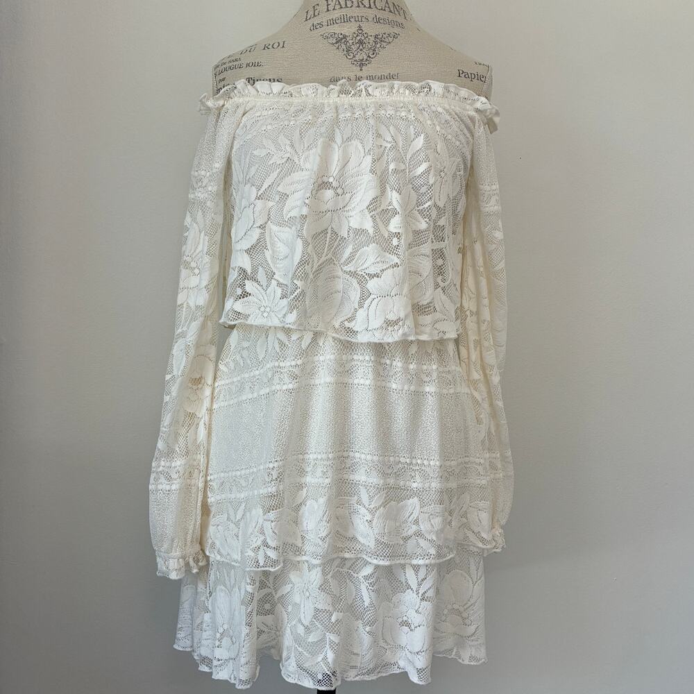 Show Me Your Mumu White Lace Bess Tiered Off Shoulder Mini Dress Size XS